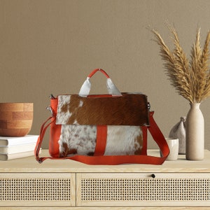 Distinctive Cowhide Leather Laptop Bag Natural Fur, Orange Straps, and Premium Craftsmanship, Business Briefcase Cowhide Bag - DSC-0546