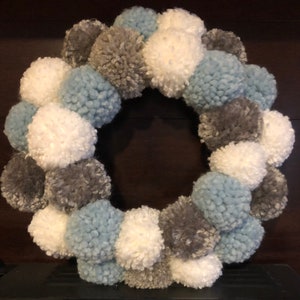 Blue white grey Pom Pom wreath