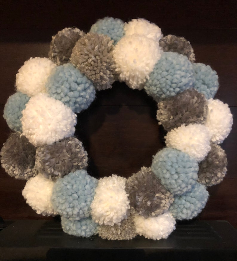 Blue white grey Pom Pom wreath image 1