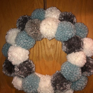 Blue white grey Pom Pom wreath image 3