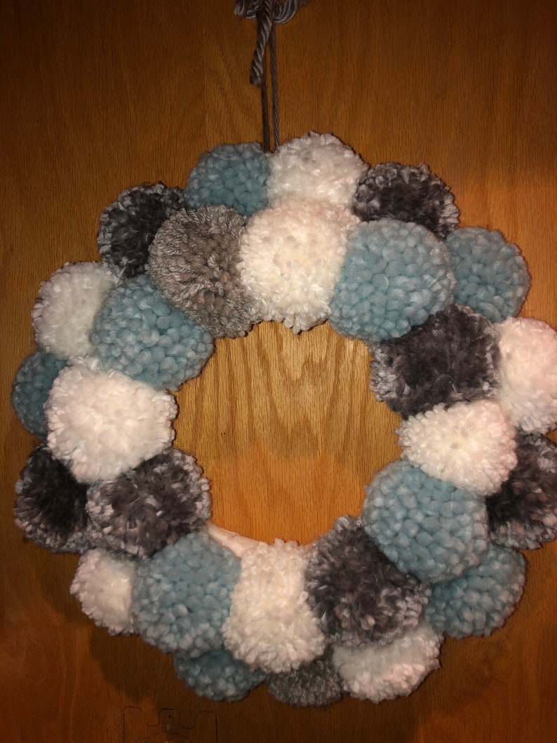 Blue white grey Pom Pom wreath image 3