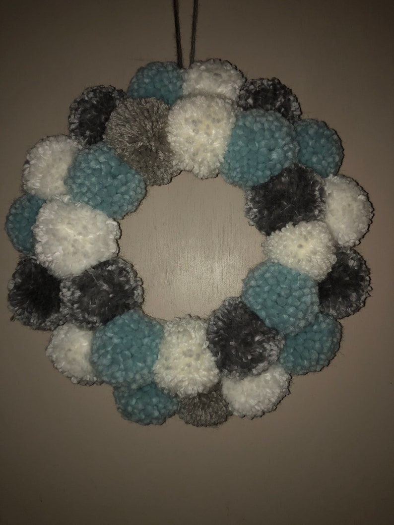 Blue white grey Pom Pom wreath image 2