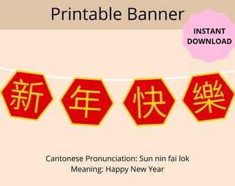 Cantonese Sun Nin Fai Lok 新年快樂, Happy New Year, Chinese New Year Printable Banner, Lunar New Year Decorations