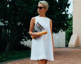 white linen sheath dress