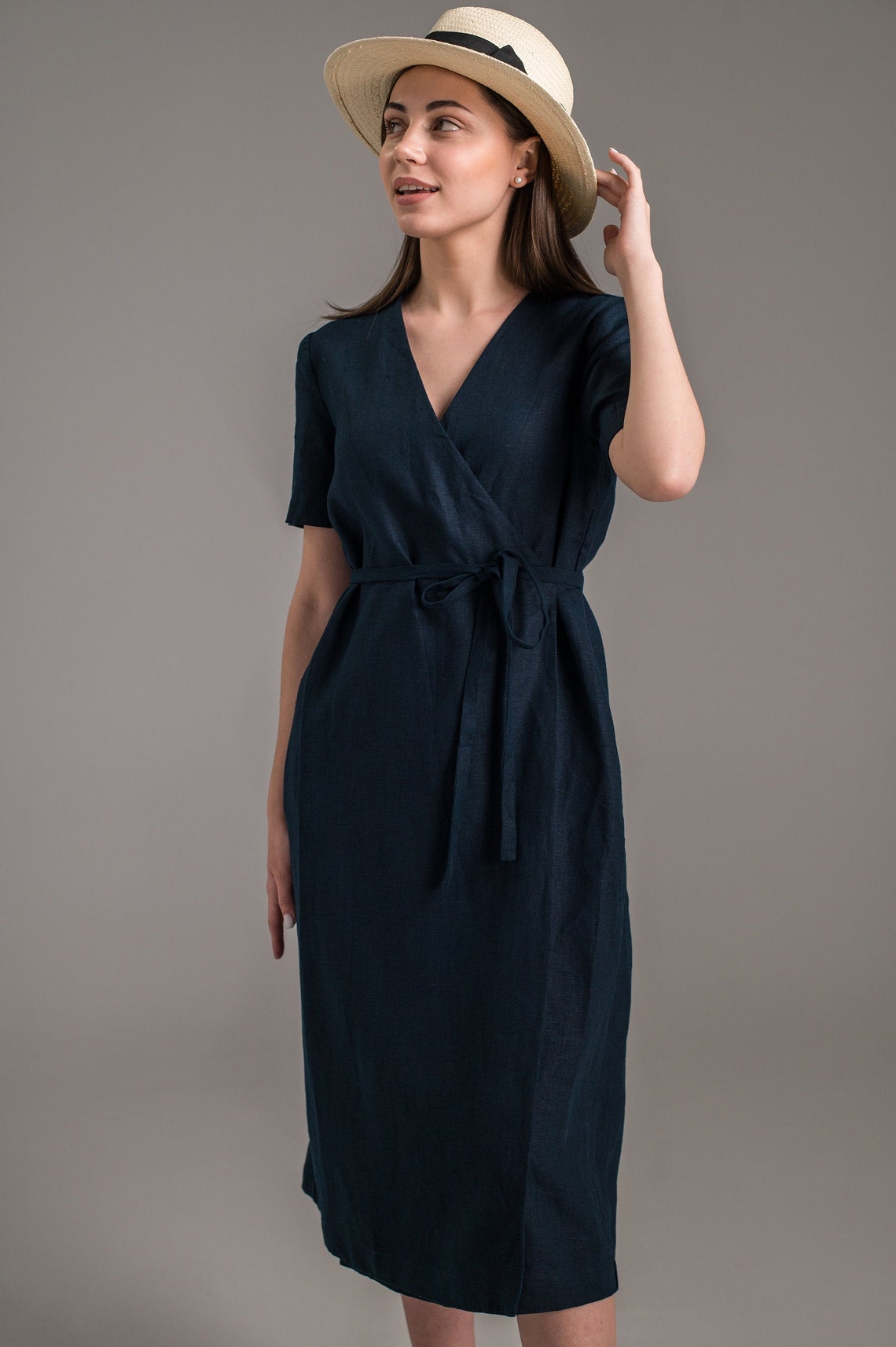 Linen V-neck wrap midi dress with pockets/ sustainable | Etsy