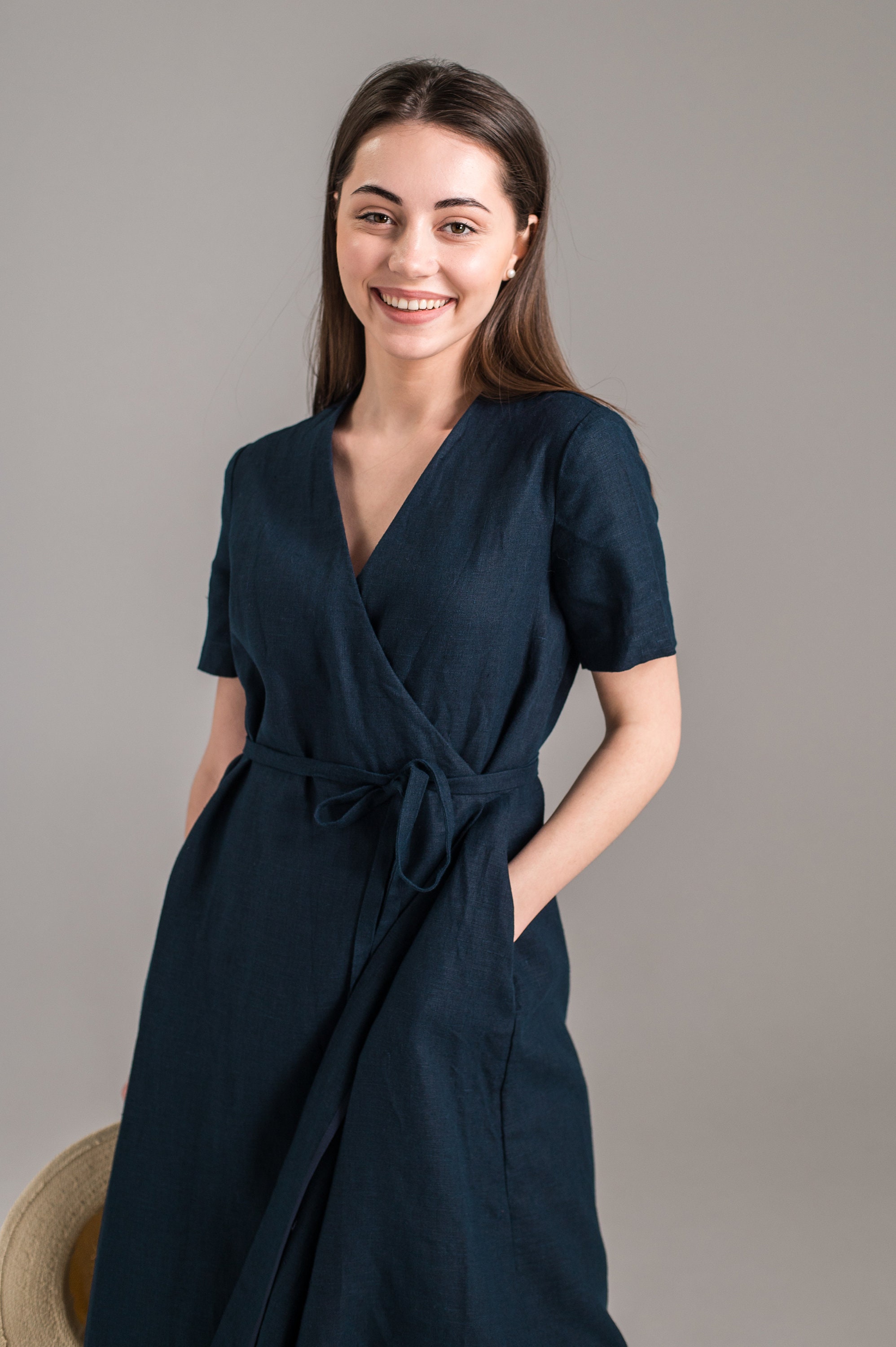 Linen V Neck Wrap Midi Dress With Pockets Sustainable Etsy