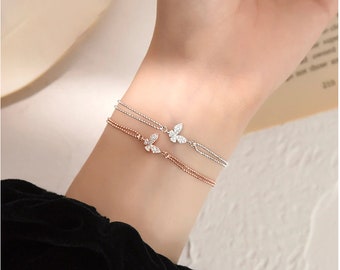 Sterling Silver Butterfly Bracelet, Zircon Butterfly Bracelet, S925 Butterfly Bracelet,  Rose Gold Butterfly Bracelet