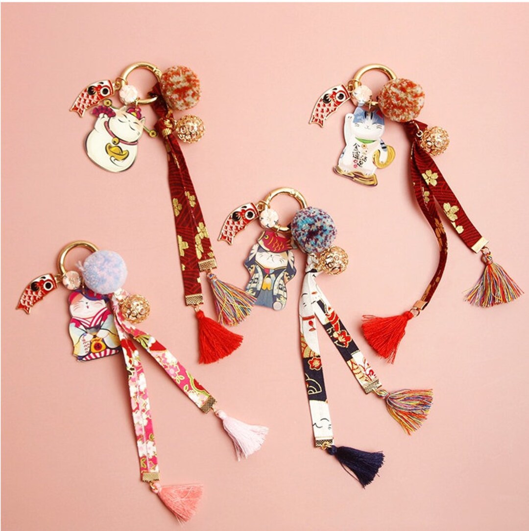 Set Japanese Key Chain, Lucky Cat Charm Keychain, Cherry Blossom