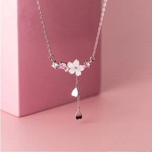 Cherry blossom necklace. Pink Sakura Cherry Blossom Petal White Zircon Necklace, Sterling Silver Flower Necklace