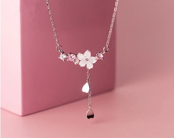 Cherry blossom necklace. Pink Sakura Cherry Blossom Petal White Zircon Necklace, Sterling Silver Flower Necklace