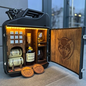 Minibar con bidón de 20 litros personalizado para el día del padre, regalo original personalizado para un hombre, barra de combustible personalizada, juego de minibar con bidón, barra con bidón de gasolina