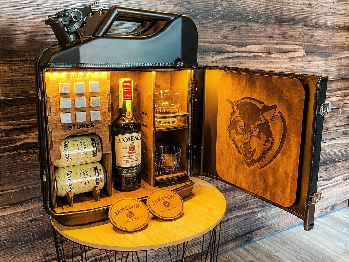 Jerry can mini bar. Matte black wood inside. Custom original Etsy