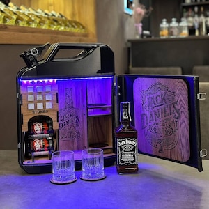 Set de whisky original de 20 litros, minibar con bidón, barra de combustible personalizada, juego de madera para dos con piedras, minibar de camping, regalo personalizado para él
