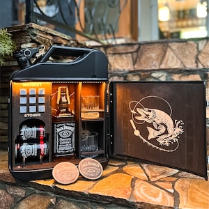 Set de whisky original de 20 litros, minibar con bidón, barra de combustible personalizada, juego de madera para dos con piedras, minibar de camping, regalo personalizado para él