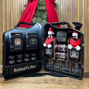 Minibar con bidón de 20 L y altavoz Bluetooth, personalizado, para el hogar, de viaje, hecho a mano, regalo para él, para Navidad, para papá