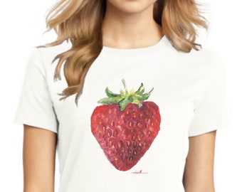 Strawberry T-shirt, Original Watercolor Print, Casual Artsy Tee, Fruit T-shirt