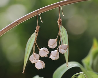 Silver and gold Lily of Valley Earrings, May birth flower, white floral korean drop, wedding dangle, floral jewellery, botanical jewellery