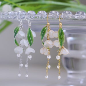 Silver and gold Lily of the Valley Earrings, May birth flower, white floral korean, wedding dangle, floral jewellery, botanical jewellery
