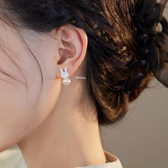 Sterling Silver Rabbit Studs: Shell Bunny, Freshwater Pearl
