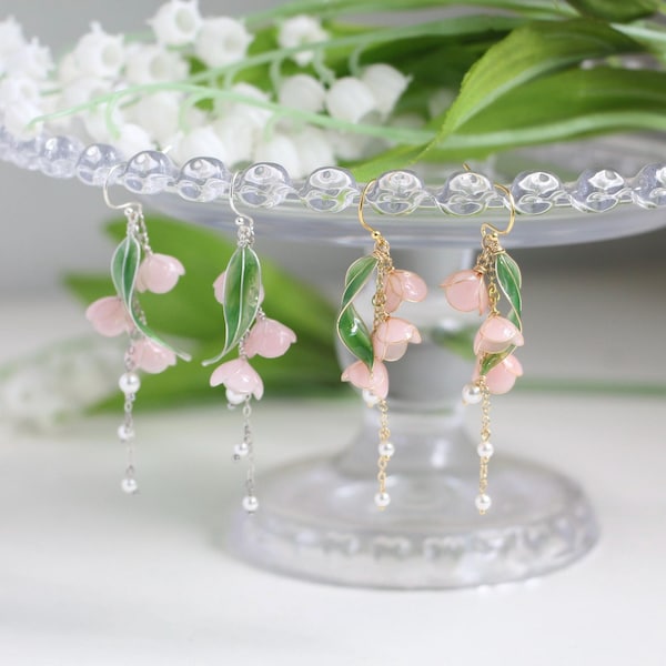 Boucles d'oreilles rose muguet : pendentif perle florale, argent sterling