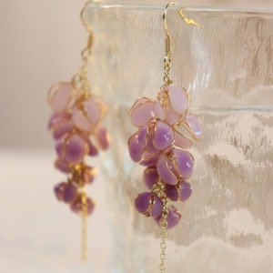 Silver and gold Wisteria Earrings, white lilac purple floral korean pearl, wedding dangle, floral jewellery, botanical jewellery