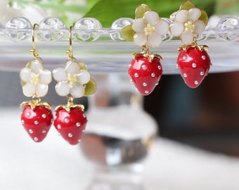 Strawberry Flower Earrings: 925 Silver Gold Vermeil, Botanical Jewelry