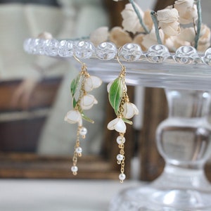 Silver and gold Lily of the Valley Earrings, May birth flower, white floral korean, wedding dangle, floral jewellery, botanical jewellery