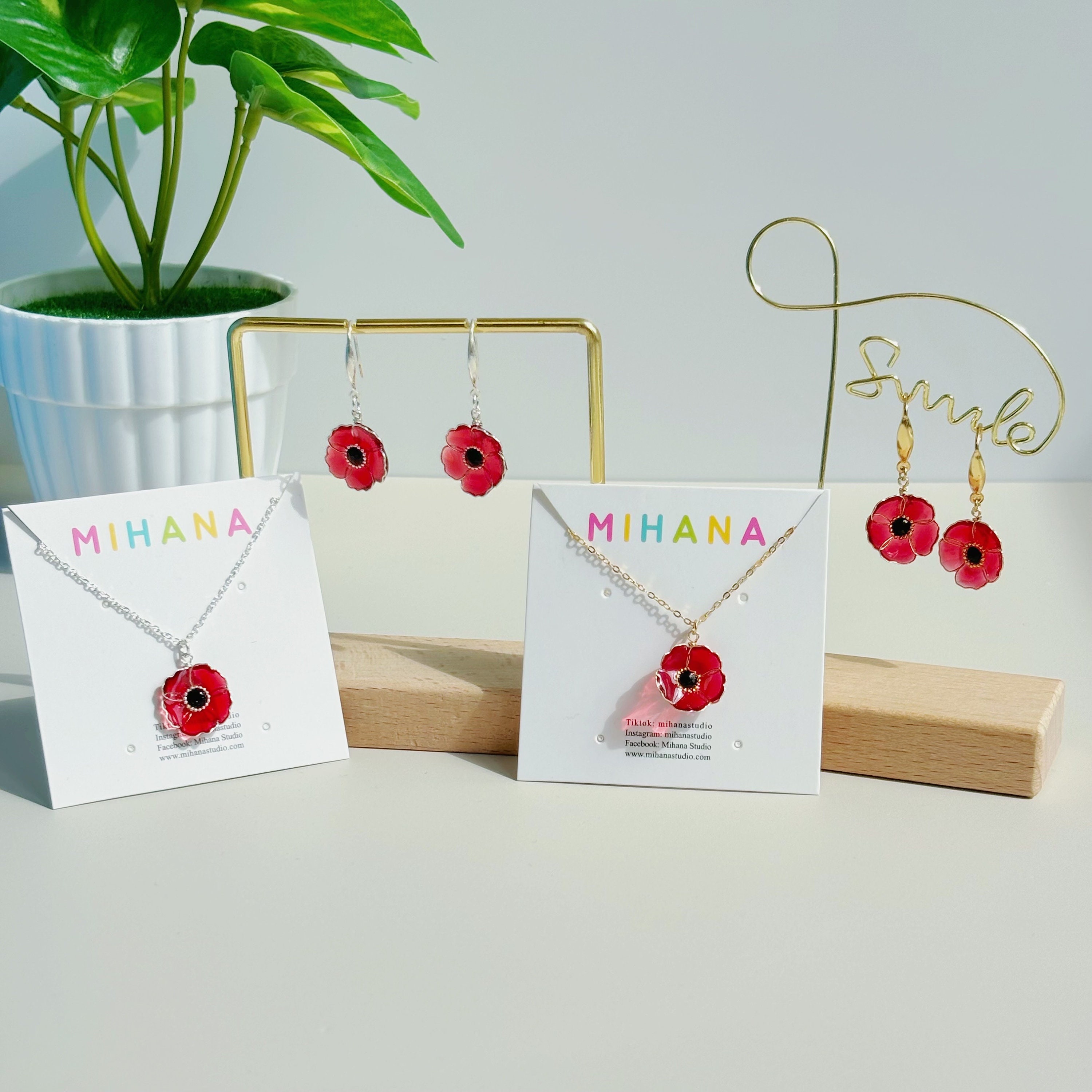 Red Poppy Flower Necklace and Earrings: Gold Vermeil Sterling Silver Dangle