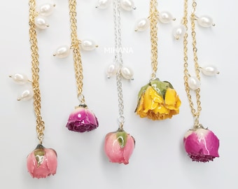 Sterling Silver Rose Necklace: Dried Flower & Freshwater Pearl Jewelry