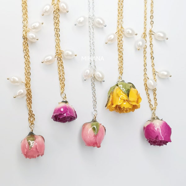 Sterling Silver Rose Necklace: Dried Flower & Freshwater Pearl Jewelry