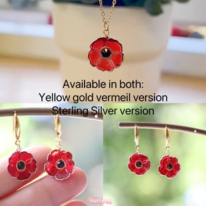 Silver and gold Poppy Flower Earrings and Necklace, Red floral korean, wedding dangle, autumn jewellery, mum gifts