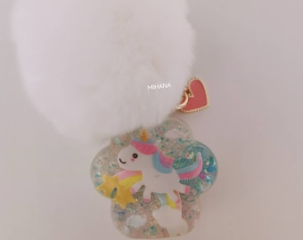 Luxury unicorn resin cat paw rabbit fur pompom bagcharm, bling-bling, gift for her and yourself. Fashion pretty girl must have