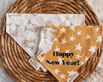 Happy new years, sparkly, star, champagne, bubbly, party, double sided, Bandana. Reversible, Over the Collar Dog / Cat Bandana