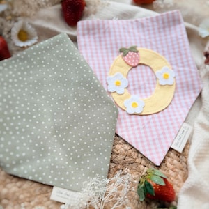 May include: Two baby bibs. One is sage green with white polka dots. The other is pink gingham with a yellow felt ring decorated with a strawberry and white felt flowers. Strawberries and flowers are scattered around the bibs.