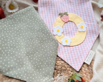 Alphabet name initial patch, green dot, pink gingham, strawberry, handmade, reversible, Over the Collar, Scrunchie dog and cat Bandanna