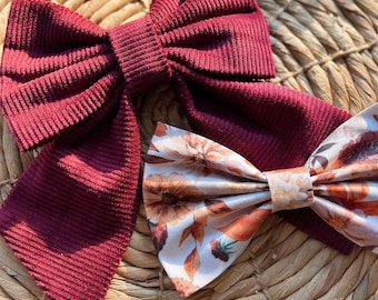 autumn floral and burgundy, cranberry corduroy sailor bowtie, Over the collar bow Ties for pets, dog bow tie, cat bow tie