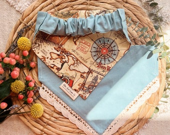 Moms Travel Buddy, Vintage map, compass, baby blue, reversible, over the collar dog and cat bandana, scrunchie dana