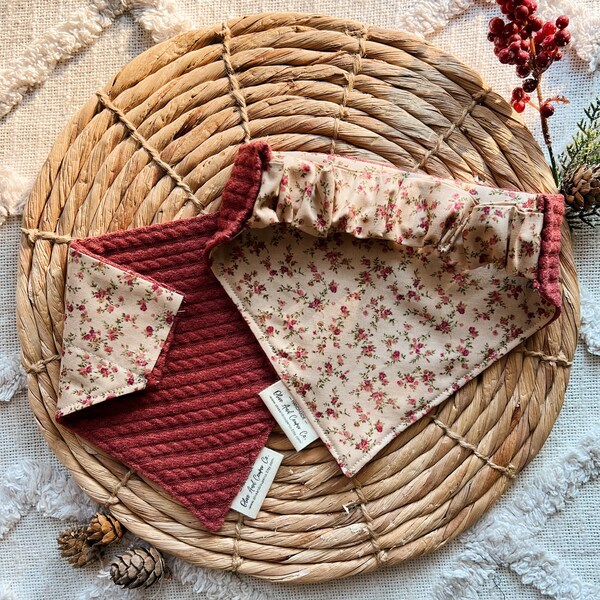 Rose blossoms, cranberry cable knit, classic, simple, double sided, Bandana, Over the Collar, Scrunchie dog and cat Bandana