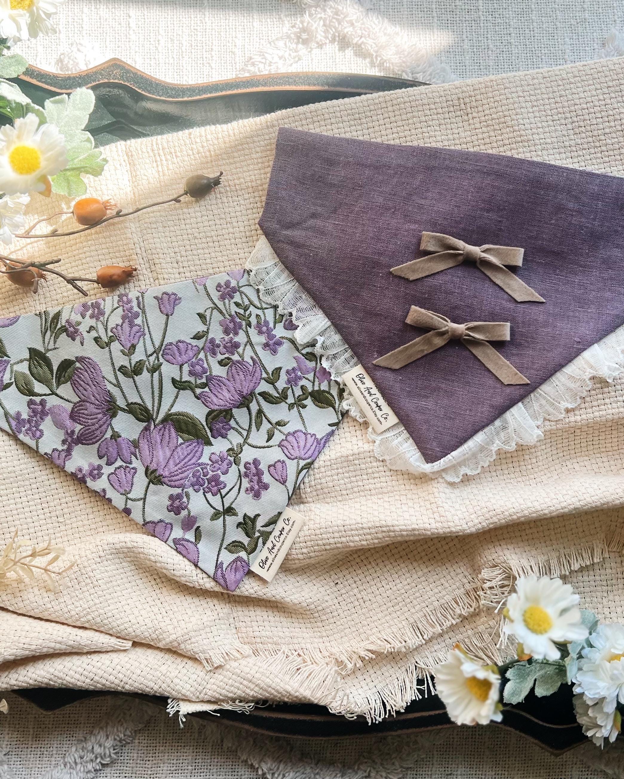 Floral Linen Over The Collar Pet Bandana Purple Garden Design Reversible & Slip On, Scrunch Dana - Dog Cat Accessory