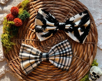 Crows, Black and white flannel, Over the collar bow Ties for pets, dog bow tie, cat bow tie