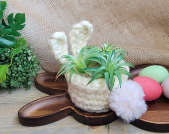 Cream Bunny Basket | Easter Decor | Farmhouse Easter | Easter Egg Basket | Easter Table Decor | Pink Bunny Tail | Easter Plant Holder