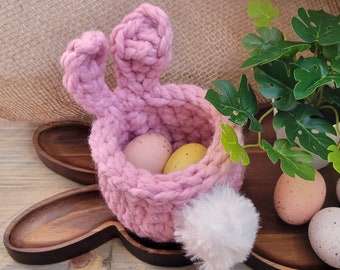Cesta de conejito rosa / Decoración de Pascua / Pascua de granja / Cesta de huevos de Pascua / Decoración de mesa de Pascua / Conejito de ganchillo / Titular de la planta de Pascua