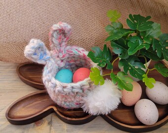 Cesta de conejito multicolor / Decoración de Pascua / Pascua de granja / Cesta de huevos de Pascua / Decoración de mesa de Pascua / Conejito de ganchillo / Titular de la planta de Pascua