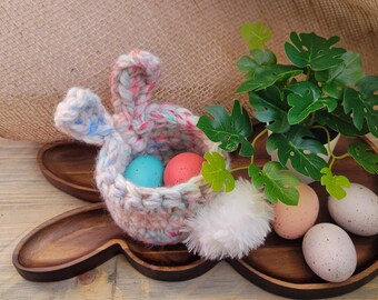 Multi-Colored Bunny Basket | Easter Decor | Farmhouse Easter | Easter Egg Basket | Easter Table Decor | Crochet Bunny | Easter Plant Holder