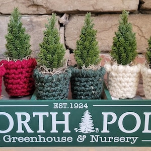 May include: A wooden box with the words "North Pole Greenhouse & Nursery" and "Est. 1924" painted on it.  The box contains five small potted evergreen trees with crocheted covers in red, green, and white.