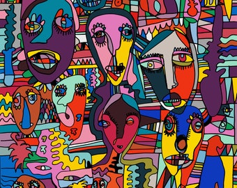 May include: Abstract art print featuring a colourful and whimsical design with multiple faces and geometric shapes. The artwork is dominated by bright colours like red, blue, green, yellow, and pink.