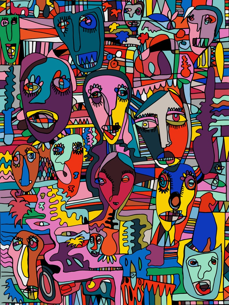 Puede incluir: Impresi&oacute;n de arte abstracto con un dise&ntilde;o colorido y caprichoso con m&uacute;ltiples caras y formas geom&eacute;tricas. La obra est&aacute; dominada por colores brillantes como el rojo, el azul, el verde, el amarillo y el rosa.