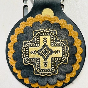 Tribal cross concho w/double mustard & black rosette keychain