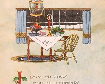 Vintage 1900s Christmas Postcard.  Gibson Art.  Dining Room Bird Holly