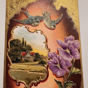Vintage German 1900s Birthday Greetings Postcard Birds and Pansies